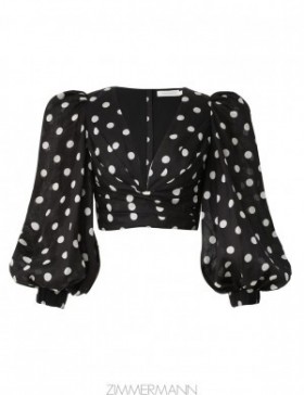 Black/Cream Dot Zimmermann Tuck Bodice Top Tops