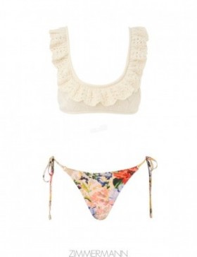 Ivory Floral Zimmermann Alight Frill Knit Scoop Bikini Bikinis