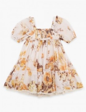 Orange Floral Zimmermann Ottie Puff Sleeve Dress Kids Dresses