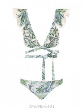 Green Paisley Zimmermann Ottie Wrap Ruffle Bikini Bikinis