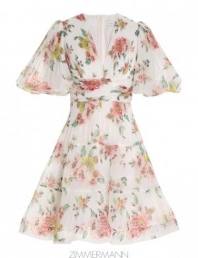 Coral Floral Zimmermann Pleated Mini Dress Dresses