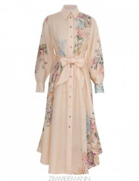 Cream Watercolour Floral Zimmermann Halliday Tucked Shirt Dress Shirt