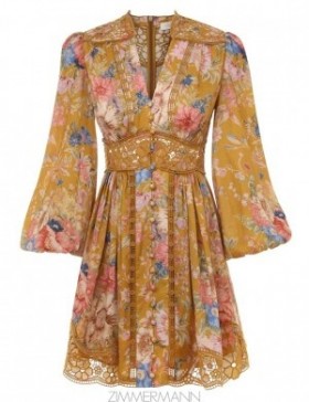 Mustard Floral Zimmermann August Plunge Mini Dress Clothing