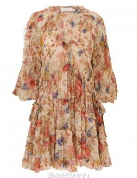 Cream Floral Zimmermann August Billow Frill Mini Dress Clothing