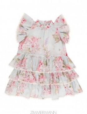 Blue Watercolour Floral Zimmermann Halliday Frill Swing Dress Kids Clothing