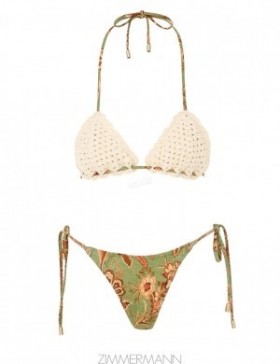 Sage/Brown Floral Zimmermann Junie Chevron Crochet Bikini Bikinis