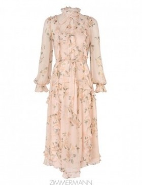 Coral Camellia Zimmermann Natura Ruffle Midi Dress Dresses