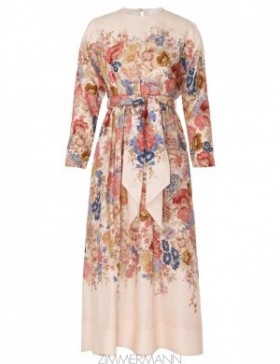 Cream Floral Zimmermann August Tie Waist Midi Dress Clothing
