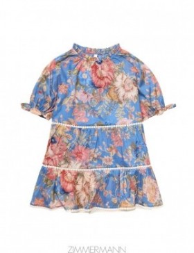 Dusty Blue Floral Zimmermann August Puff Sleeve Mini Dress Kids Dresses