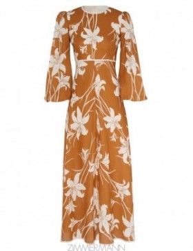 Tan/Ivory Floral Zimmermann Acadian High Neck Dress Clothing