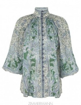 Green Paisley Zimmermann Ottie Billow Blouse Clothing