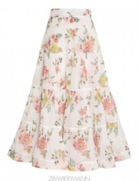 Coral Floral Zimmermann Pleated Midi Skirt Skirts