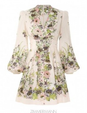 Cream Multi Floral Zimmermann Halliday Plunge Mini Dress Clothing