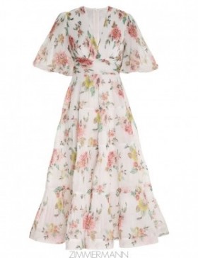 Coral Floral Zimmermann Pleated Midi Dress Dresses