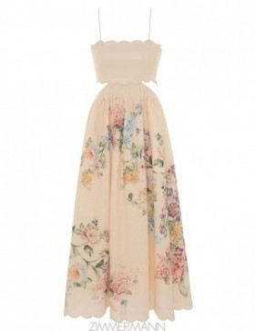 Cream Watercolour Floral Zimmermann Halliday Scallop Midi Dress Clothing