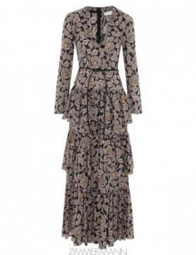 Black Floral Zimmermann Ottie Tiered Midi Dress Clothing