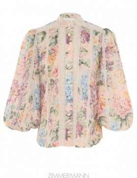 Multi Watercolour Floral Zimmermann Halliday Lace Trim Shirt Shirt