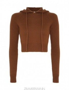 Dark Tan Zimmermann Natura Cropped Hooded Sweater Knitwear