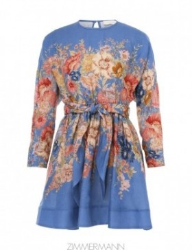 Dusty Blue Floral Zimmermann August Long Sleeve Mini Dress Dresses
