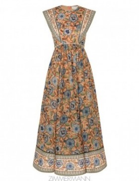 Pink/Blue Floral Zimmermann Junie Spliced Midi Dress Clothing