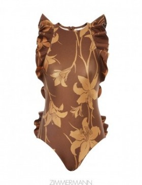 Mustard/Chocolate Floral Zimmermann Acadian Racer Back Frill 1PC One Pieces